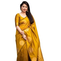 Womens Pure Banarasi Soft Silk Saree Kanjivaram Style Sarees With Blouse Piece For Wedding