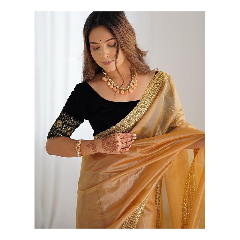 Women's Shimmer Net Sequence Embroidery Lace Saree for With Unstitched Blouse Piece