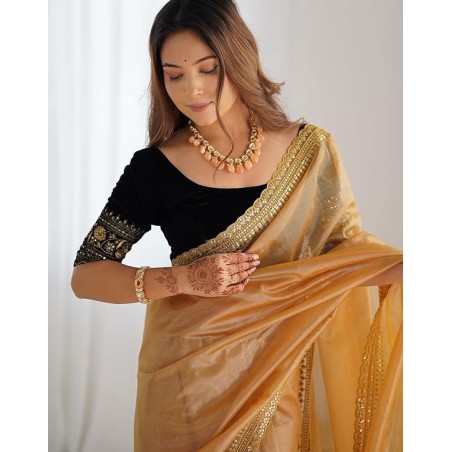 Women's Shimmer Net Sequence Embroidery Lace Saree for With Unstitched Blouse Piece