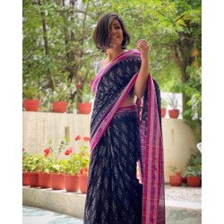 Handicrafts Women's Ikat Hand Block Print Jaipuri Pure Soft Cotton Mulmul Saree with Blouse Piece pp