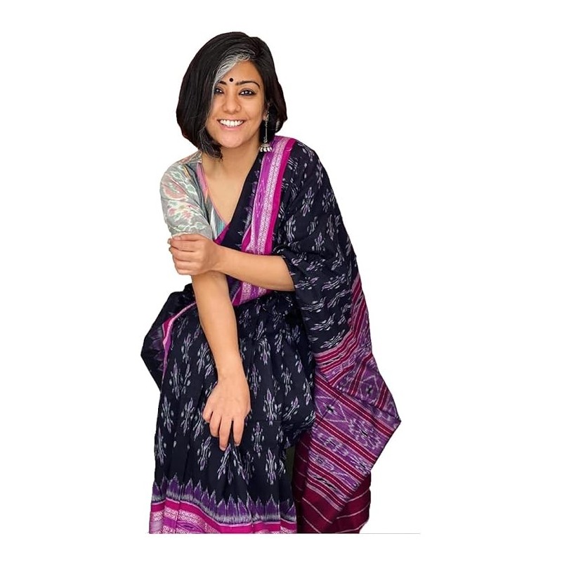 Handicrafts Women's Ikat Hand Block Print Jaipuri Pure Soft Cotton Mulmul Saree with Blouse Piece pp