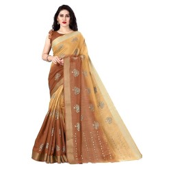 Women's Cotton Blend Mix 2-Tone Foil Printed Saree with Blouse Piece