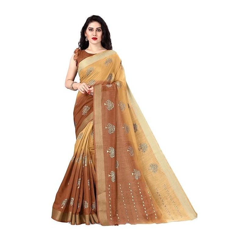 Women's Cotton Blend Mix 2-Tone Foil Printed Saree with Blouse Piece