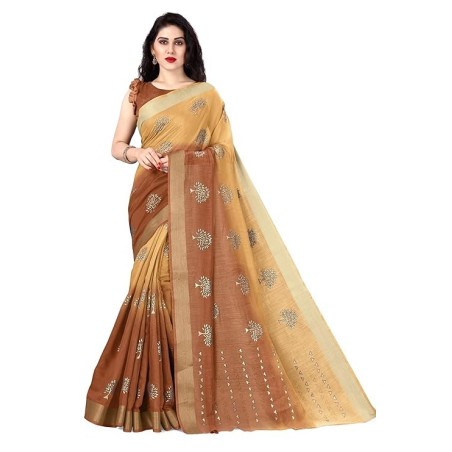 Women's Cotton Blend Mix 2-Tone Foil Printed Saree with Blouse Piece