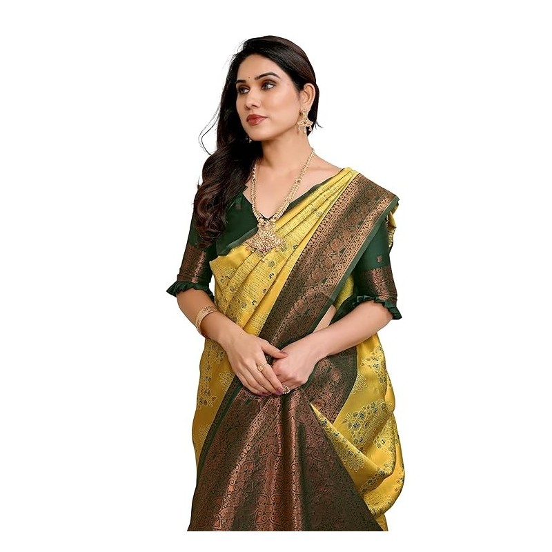 Women's Kanjivaram Style Soft Silk Banarasi Sarees With Blouse Piece