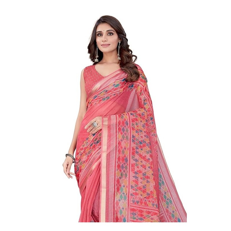 Women's Stylish Kota Doria Checks Woven Geometric Printed Saree with Blouse Piece