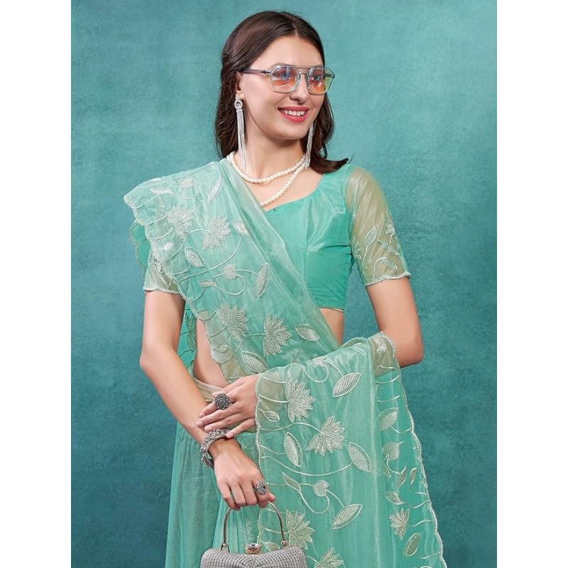 Women's Organza Embroidered Saree With Unstitched Blouse Women's Organza Embroidered Saree With Unstitched Blouse