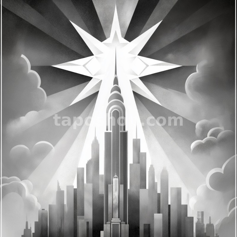 Futuristic Deco Skyline – Starburst Horizon & Metallic Reflections Digital Wall Art