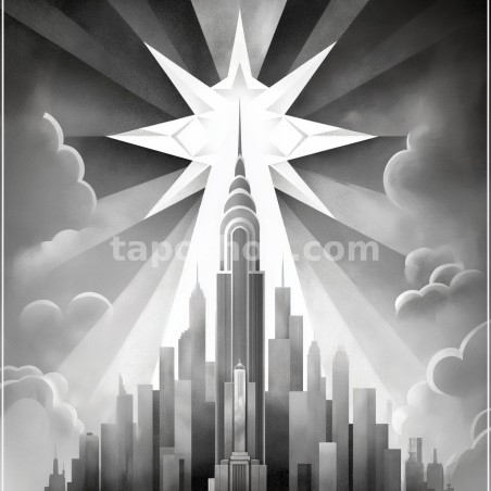 Futuristic Deco Skyline – Starburst Horizon & Metallic Reflections Digital Wall Art