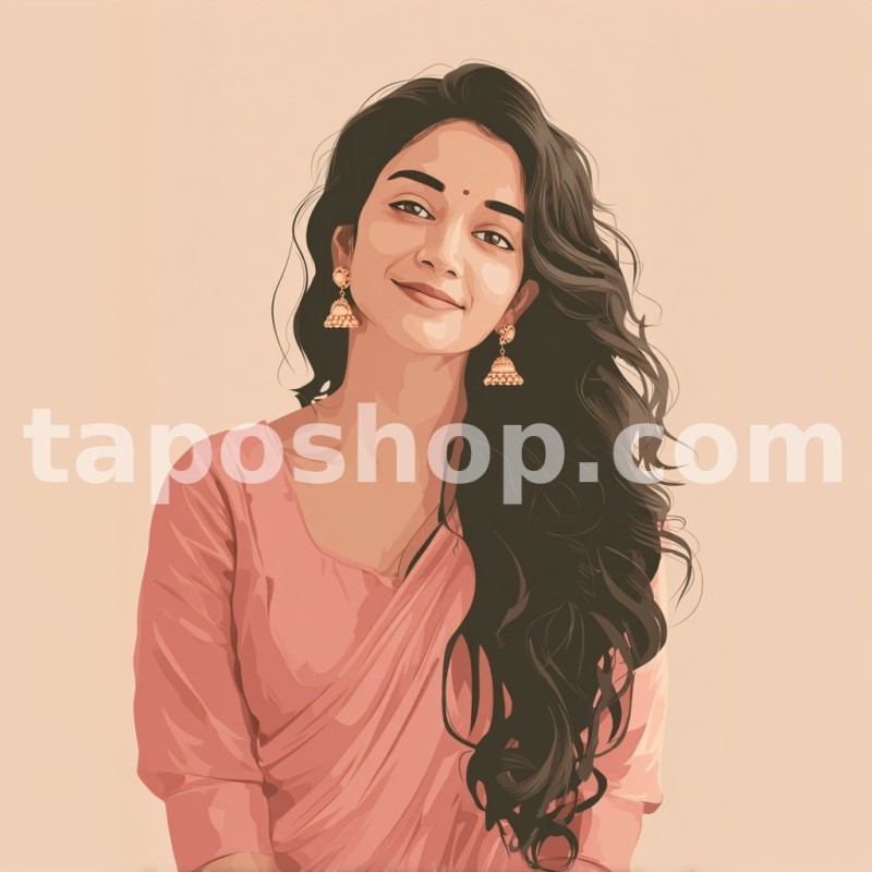Minimal Vector Portrait – Smiling Indian Woman in Pastel Peach Digital Wall Art