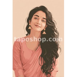 Minimal Vector Portrait – Smiling Indian Woman in Pastel Peach Digital Wall Art