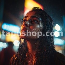 Cinematic Portrait – Indian Woman in Rain with City Lights | Digital Wall Art