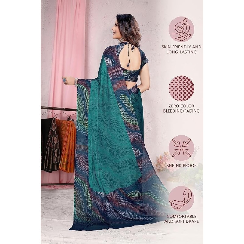Women's Chiffon Colorful Moire Prints Saree with Blouse Piece